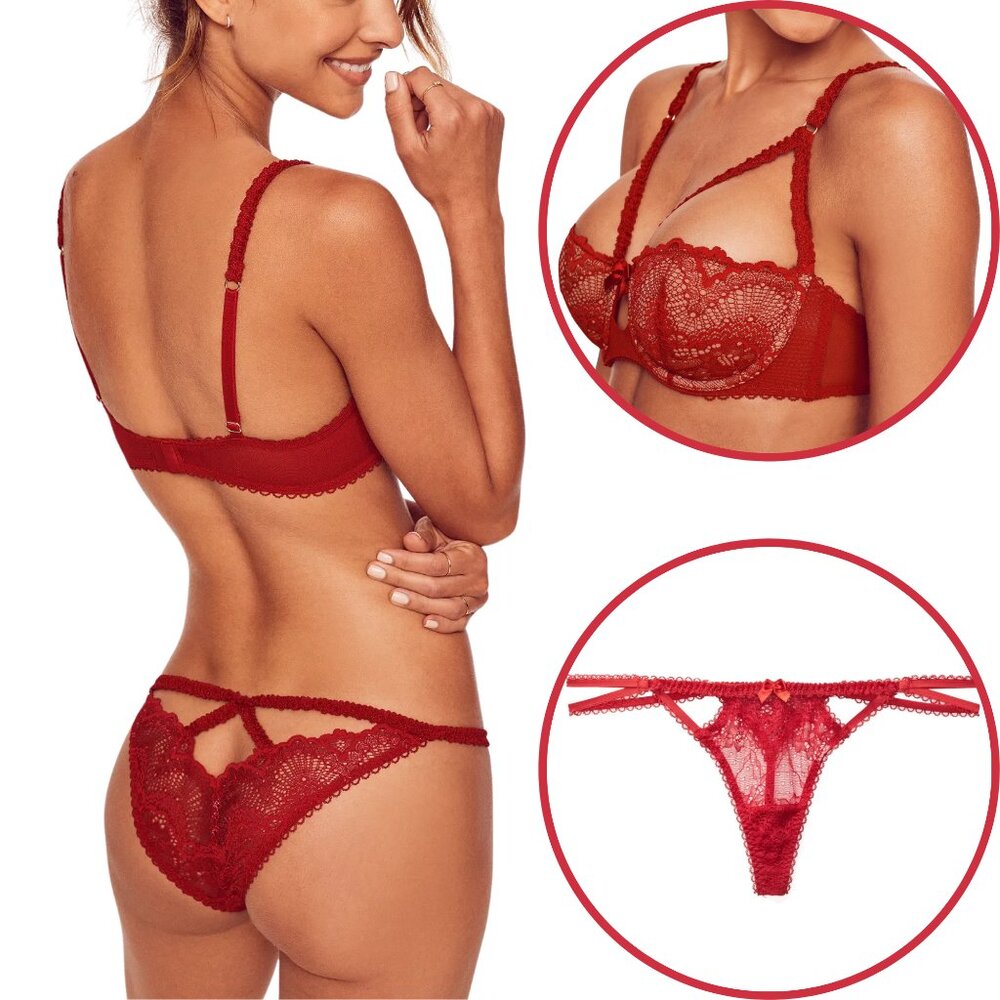 Adore Me Kimmy Sexy Red Lace Padded Push Up Bra Panty Lingerie Set